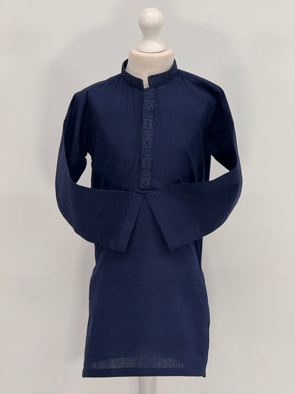 Boys Navy 4 Kurta with Placket Embroidery