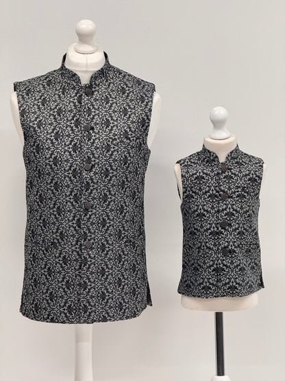 Boys Banarsi Grey Black Waistcoat