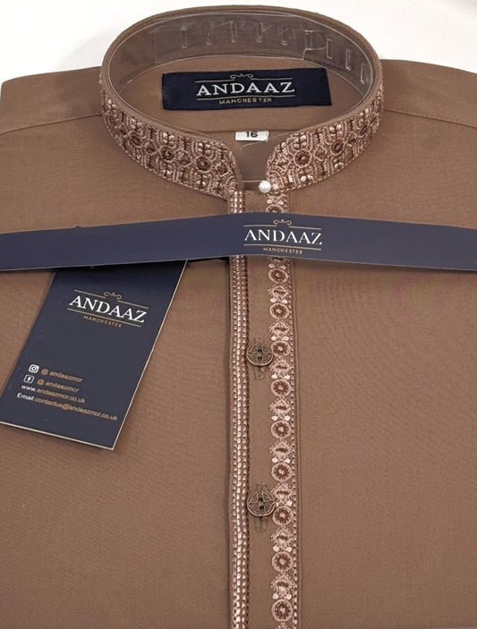Boys Shalwar Kameez Light Brown Embroidery