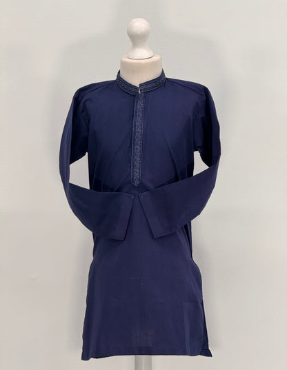 Boys Navy 5 Kurta with Placket Embroidery