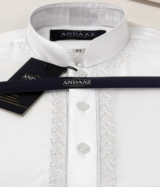 Boys Trouser Kameez White with Piyala Embroidery