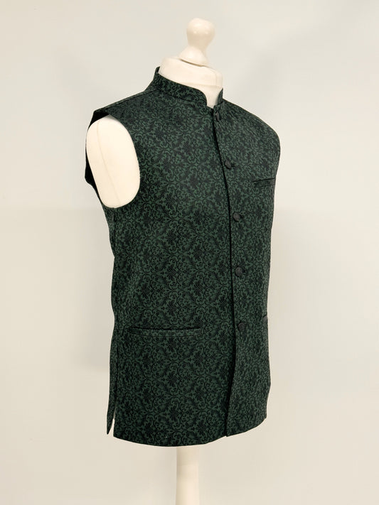 Men's Banarsi Green Black Waistcoat