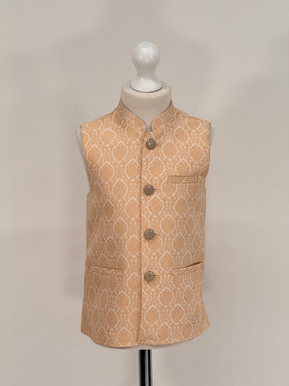 Boys Banarsi Cream Peach Diamond Waistcoat