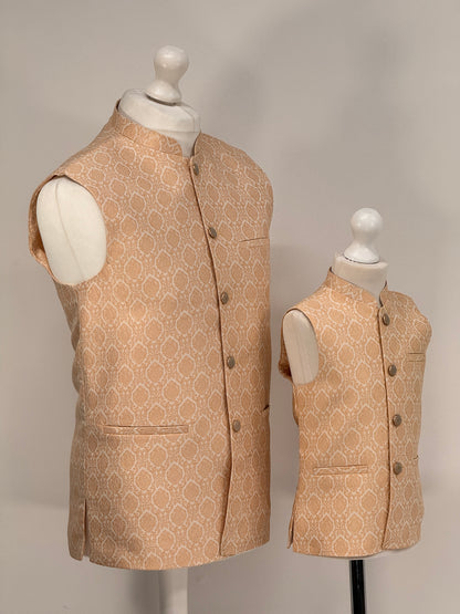 Boys Banarsi Cream Peach Diamond Waistcoat