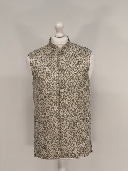 Men's Banarsi Grey Cream Waistcoat
