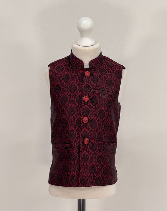Boys Banarsi Red Black Diamond Waistcoat