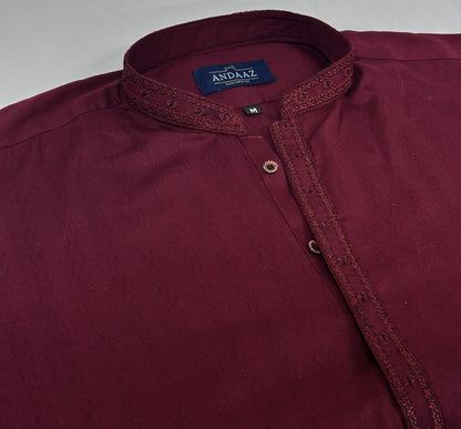 Men's Maroon 1 Kurta with Placket Embroidery