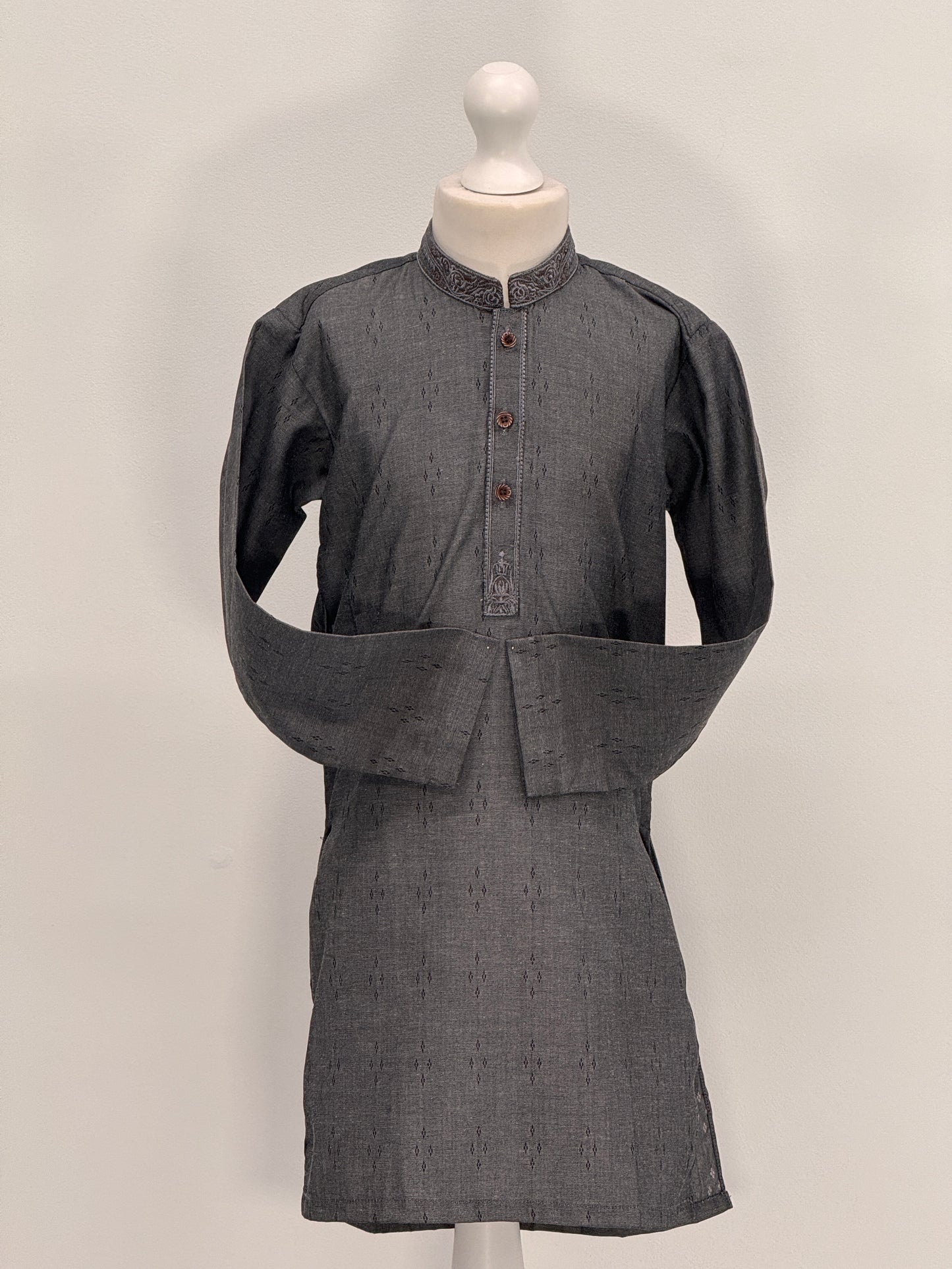 Boys Grey 5 Kurta with Placket Embroidery