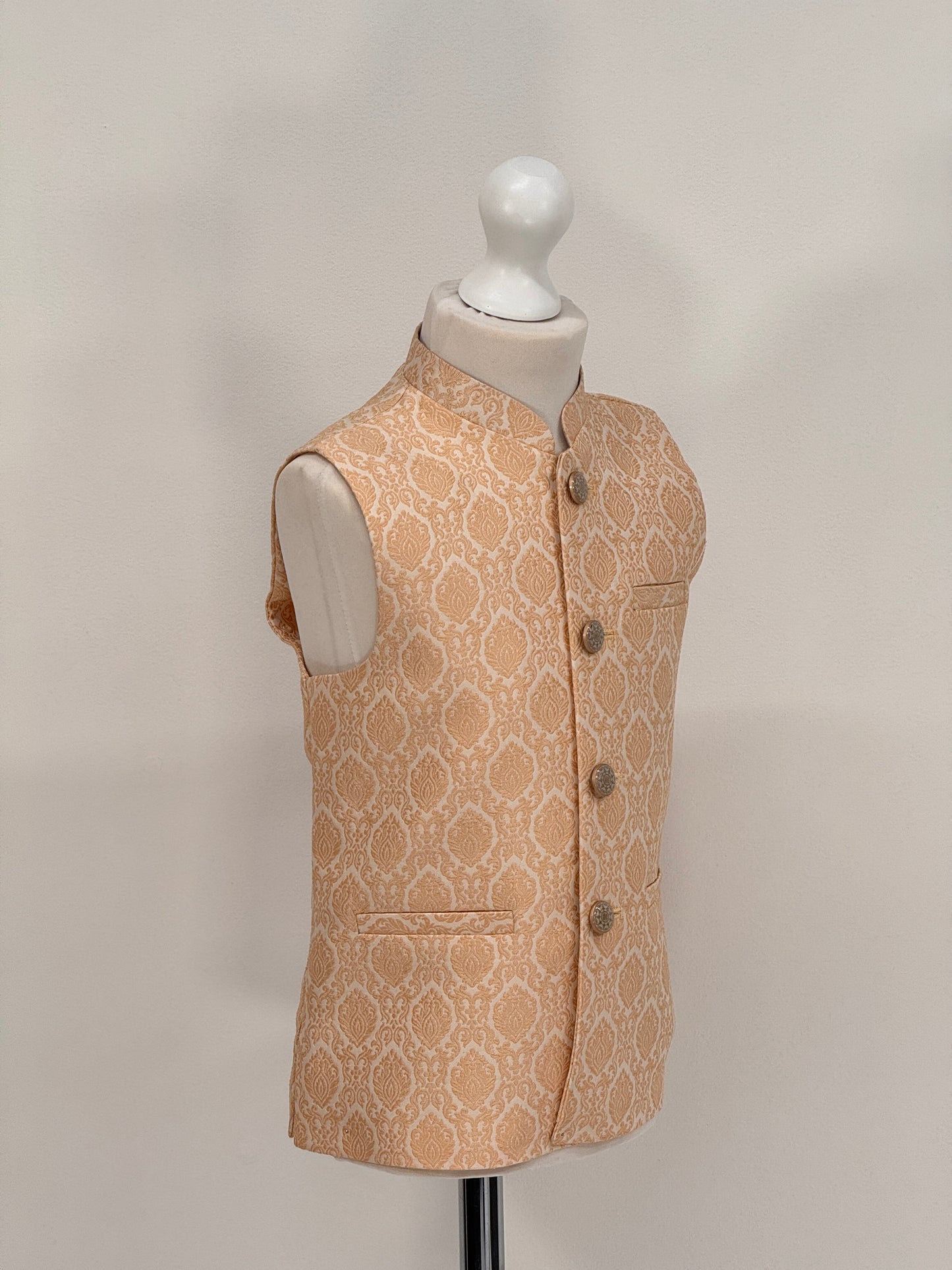 Boys Banarsi Cream Peach Diamond Waistcoat