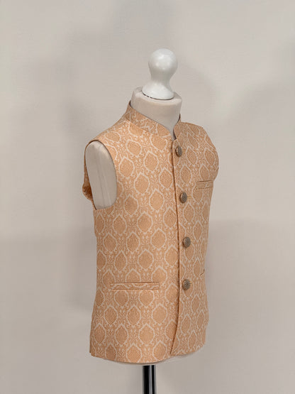 Boys Banarsi Cream Peach Diamond Waistcoat