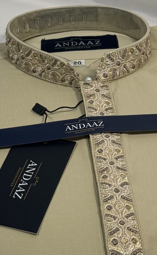 Boys Shalwar Kameez Beige 5 Placket Embroidery