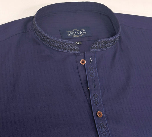 Boys Navy Kurta with Placket Embroidery