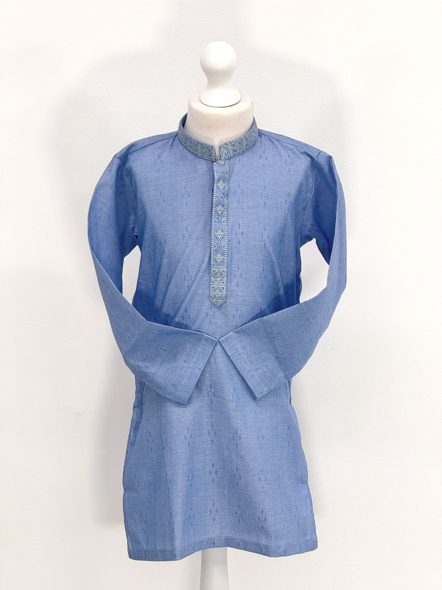 Boys Sky Blue Kurta with Placket Embroidery