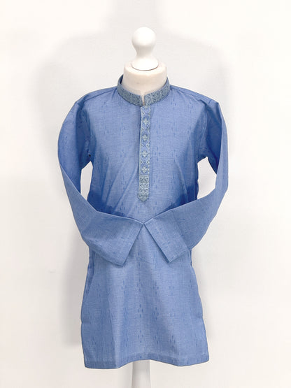 Boys Sky Blue Kurta with Placket Embroidery