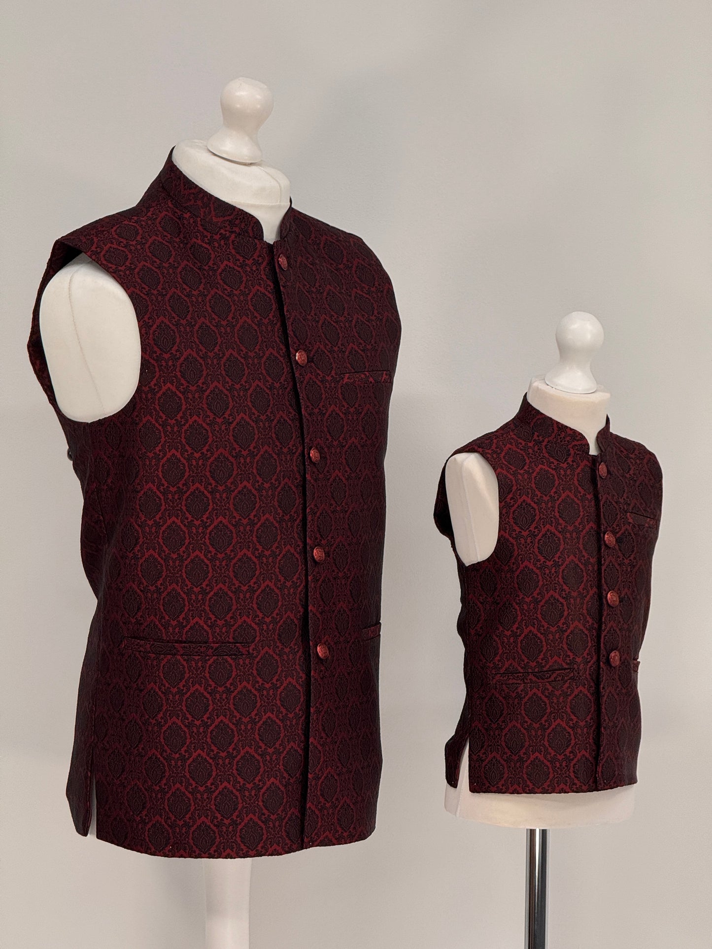 Boys Banarsi Red Black Diamond Waistcoat