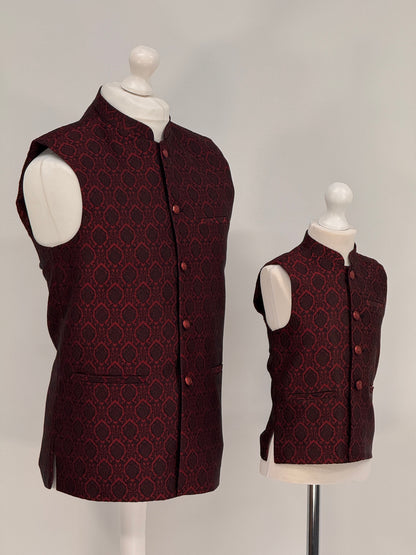 Boys Banarsi Red Black Diamond Waistcoat