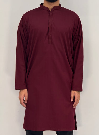 Men's Maroon 1 Kurta with Placket Embroidery