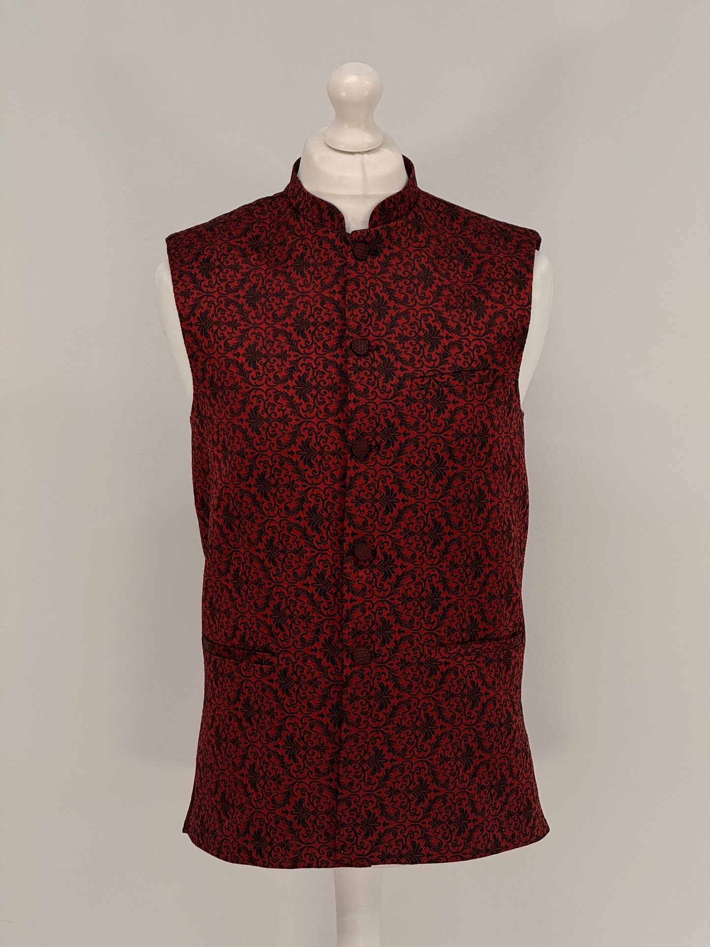 Men's Banarsi Red Black Waistcoat