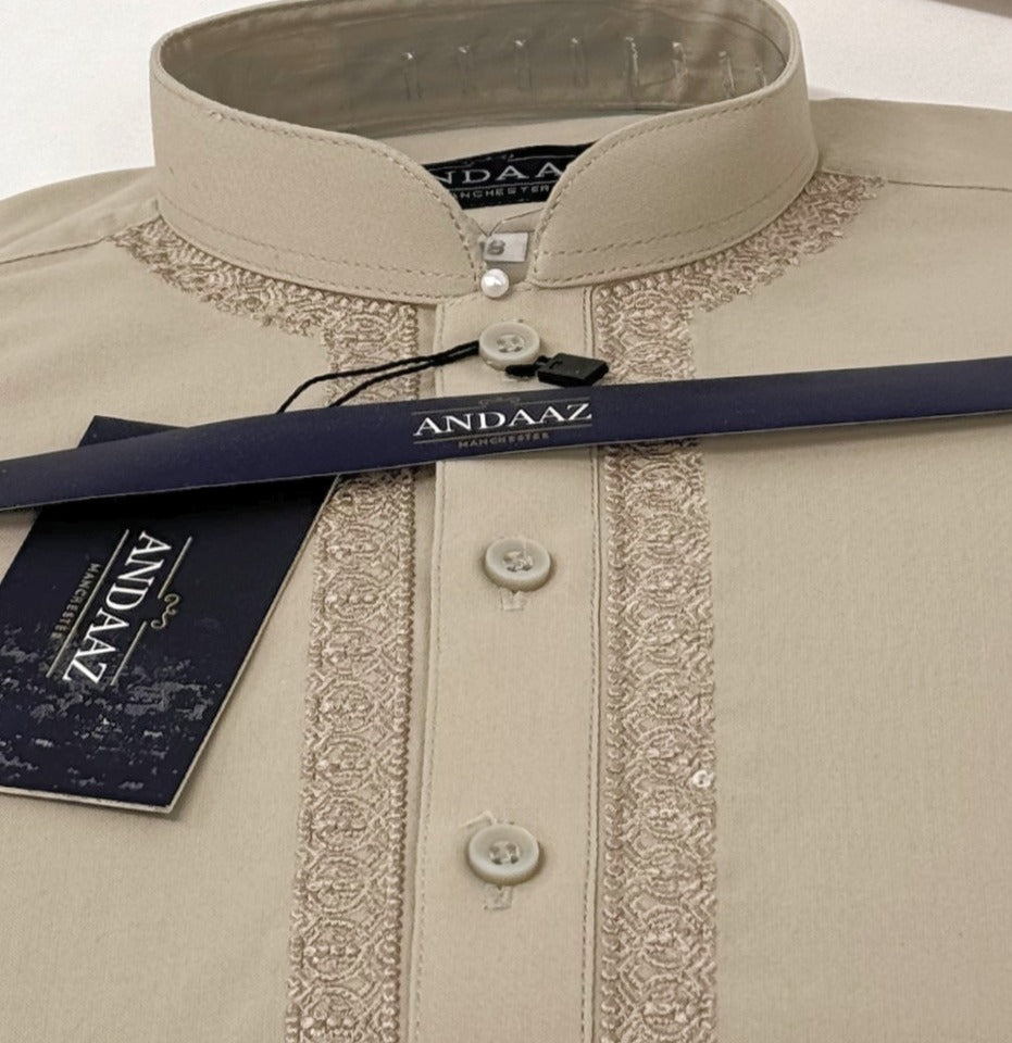Boys Shalwar Kameez Beige 1 with Piyala Embroidery