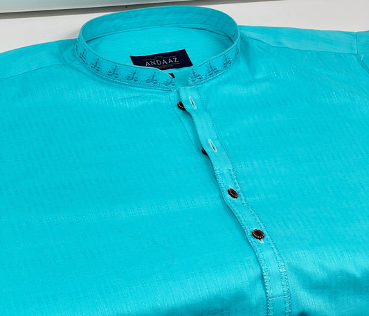 Boys Turquoise Kurta with Placket Embroidery