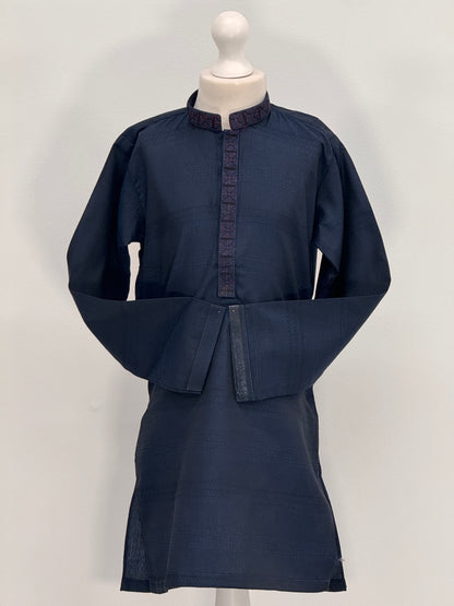 Boys Navy 2 Kurta with Placket Embroidery