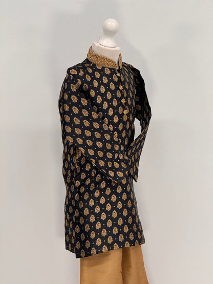 Boys Paisley Jamawar Kurta Pyjama Black Gold