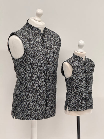 Boys Banarsi Grey Black Waistcoat