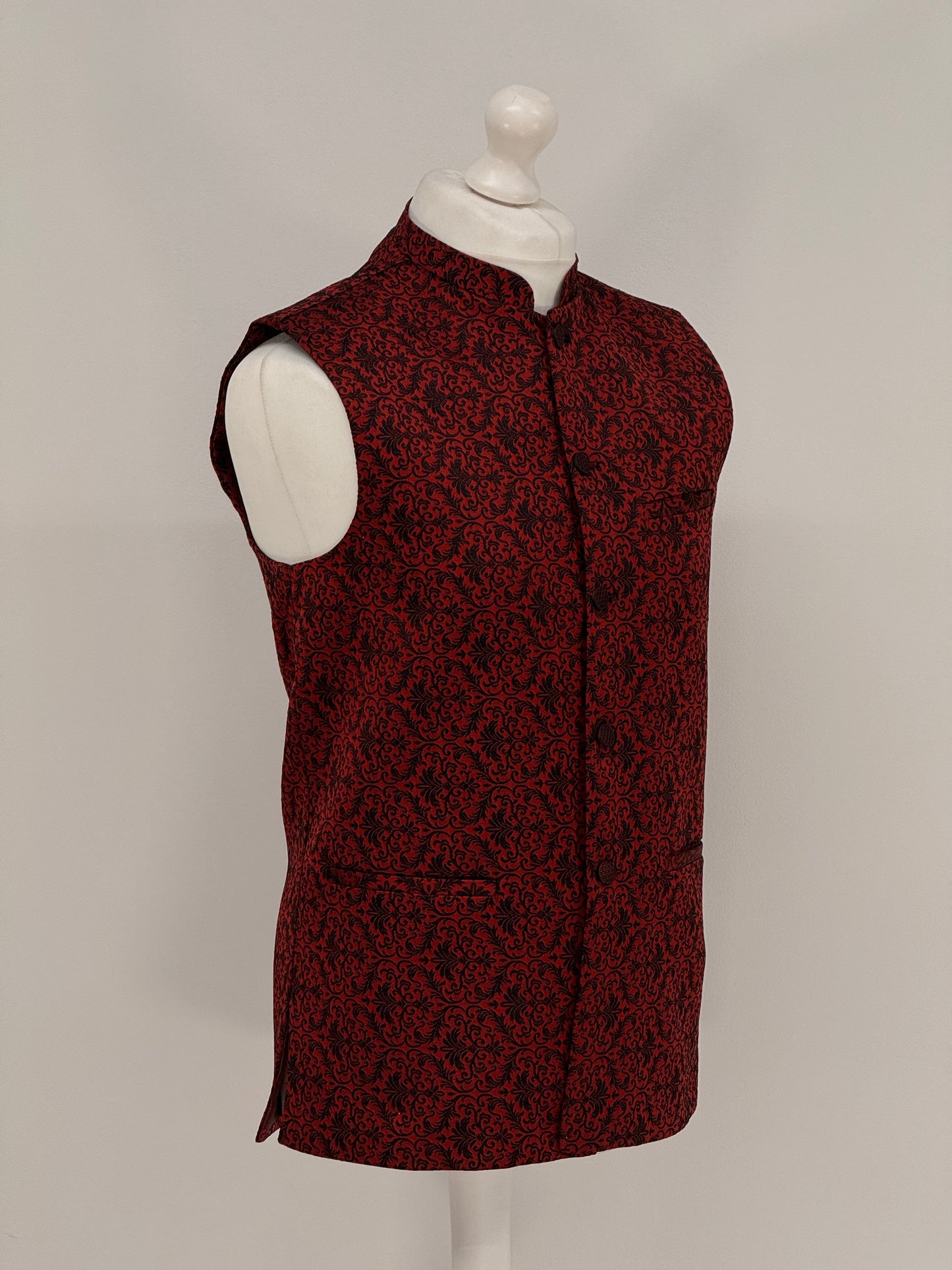 Men's Banarsi Red Black Waistcoat