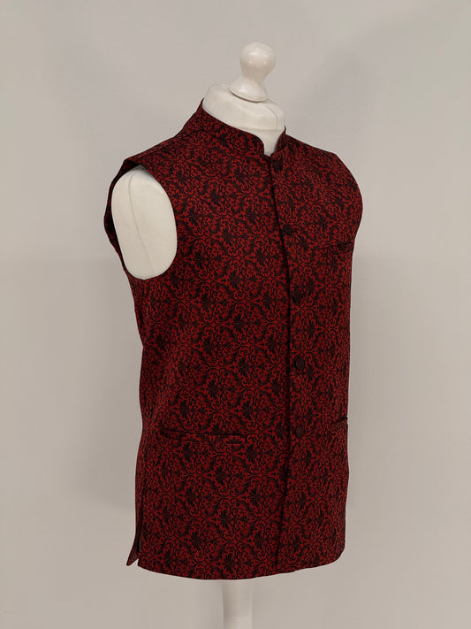Men's Banarsi Red Black Waistcoat