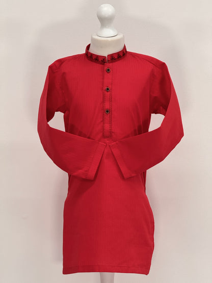 Boys Red Kurta with Placket Embroidery