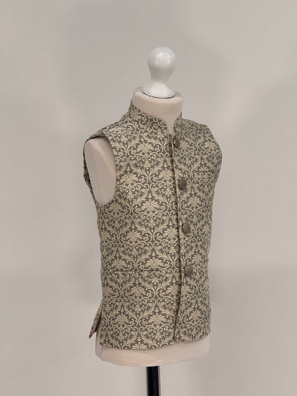 Boys Banarsi Grey Cream Waistcoat