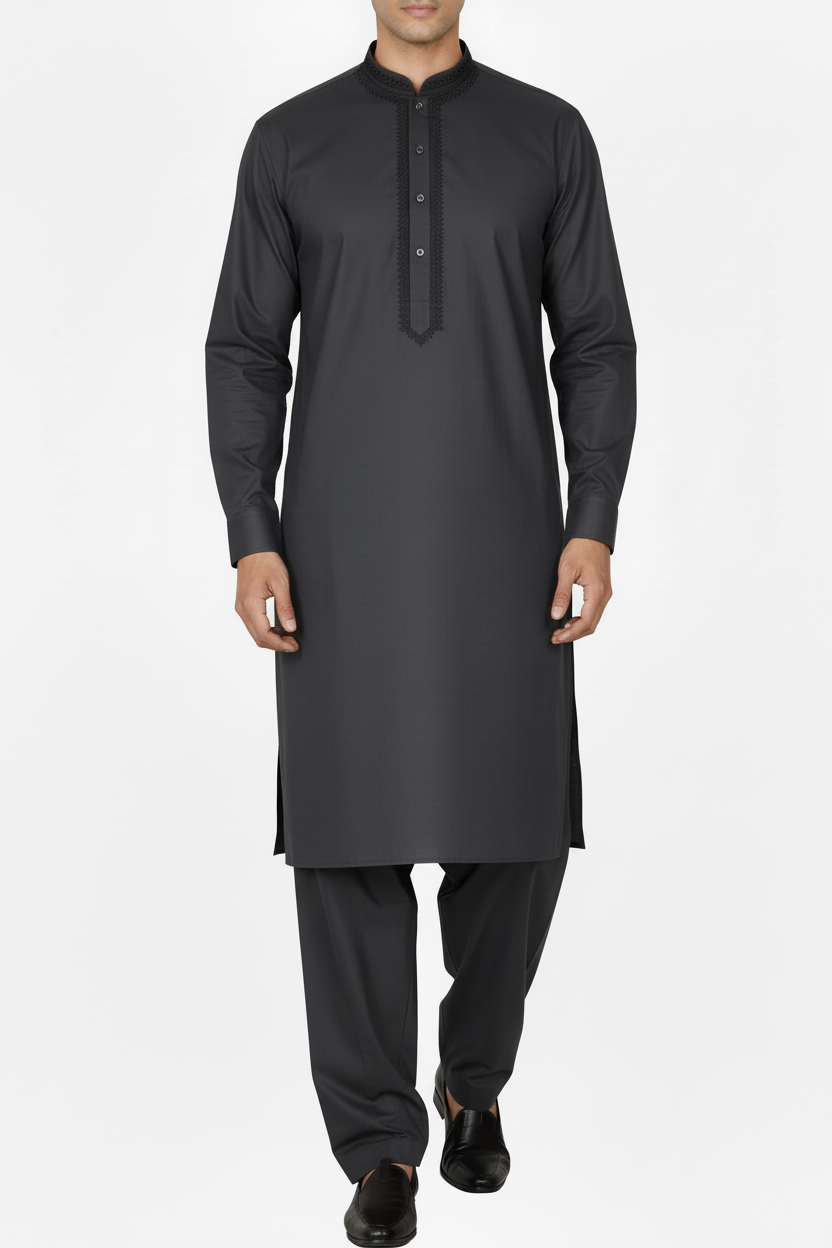 Charcoal Shalwar Kameez Front with Embroidery