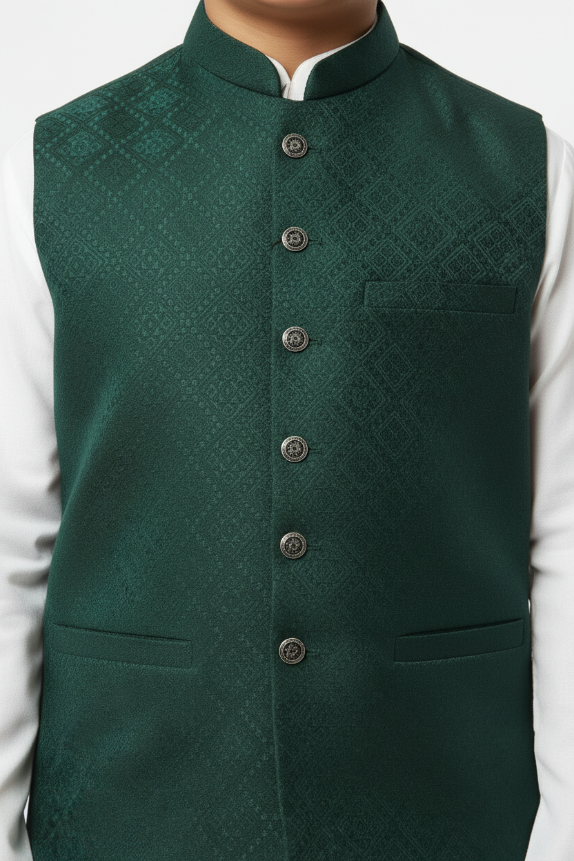 Close-up — Boy's Bottle Green Diamond Waistcoat