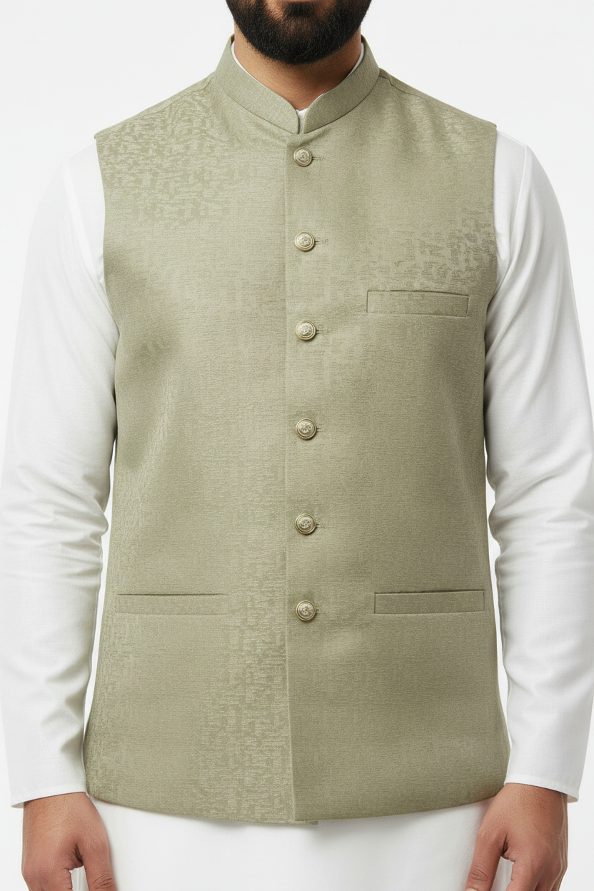 Men's Pistachio Stone Print Design Jamawar Waistcoat Close Up
