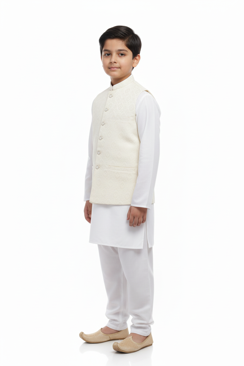 Cream Waistcoat Boy Three-Quarter Pose