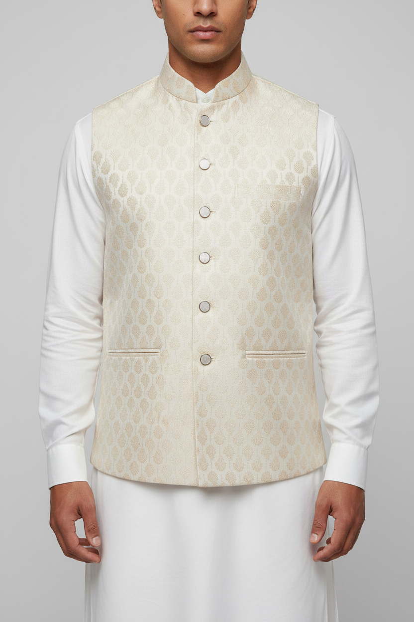 Cream waistcoat close-up on model