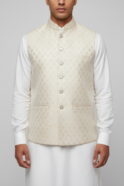 Cream waistcoat close-up on model