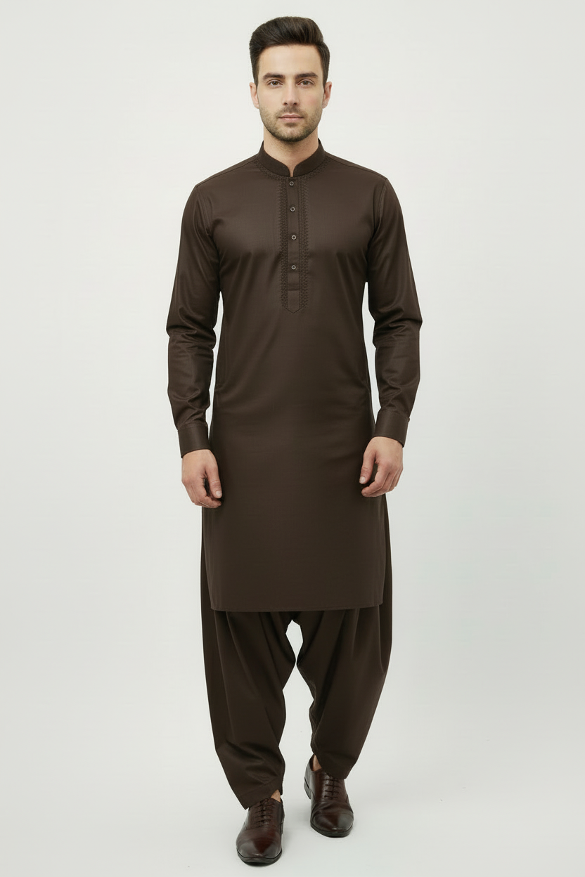 Dark brown shalwar kameez front view