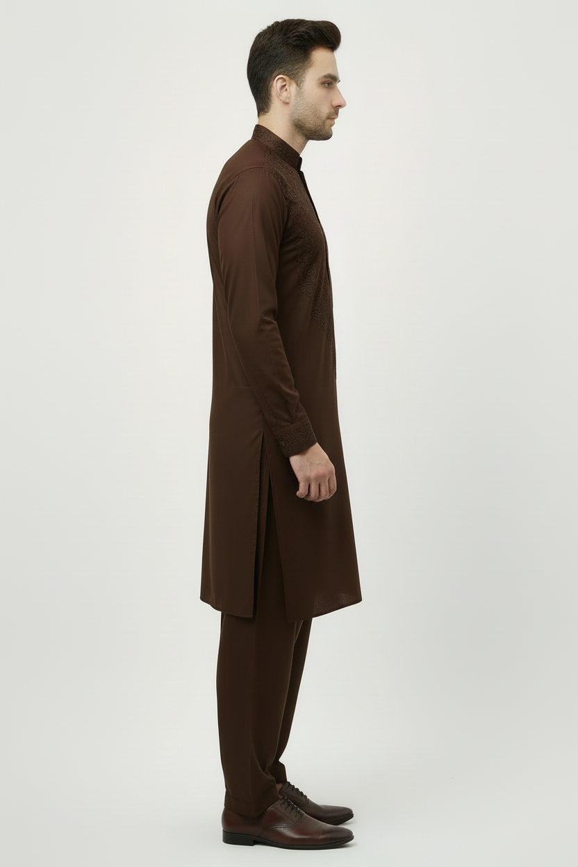 Dark brown shalwar kameez side view - even darker