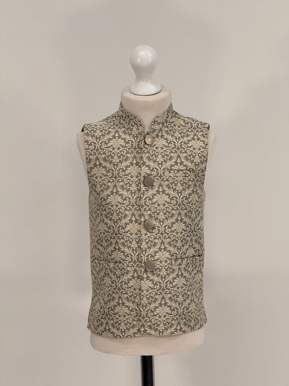 Boys Banarsi Grey Cream Waistcoat