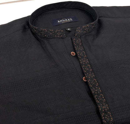 Men's Black Kurta with Placket Embroidery