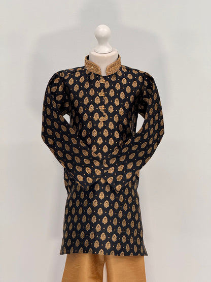 Boys Paisley Jamawar Kurta Pyjama Black Gold
