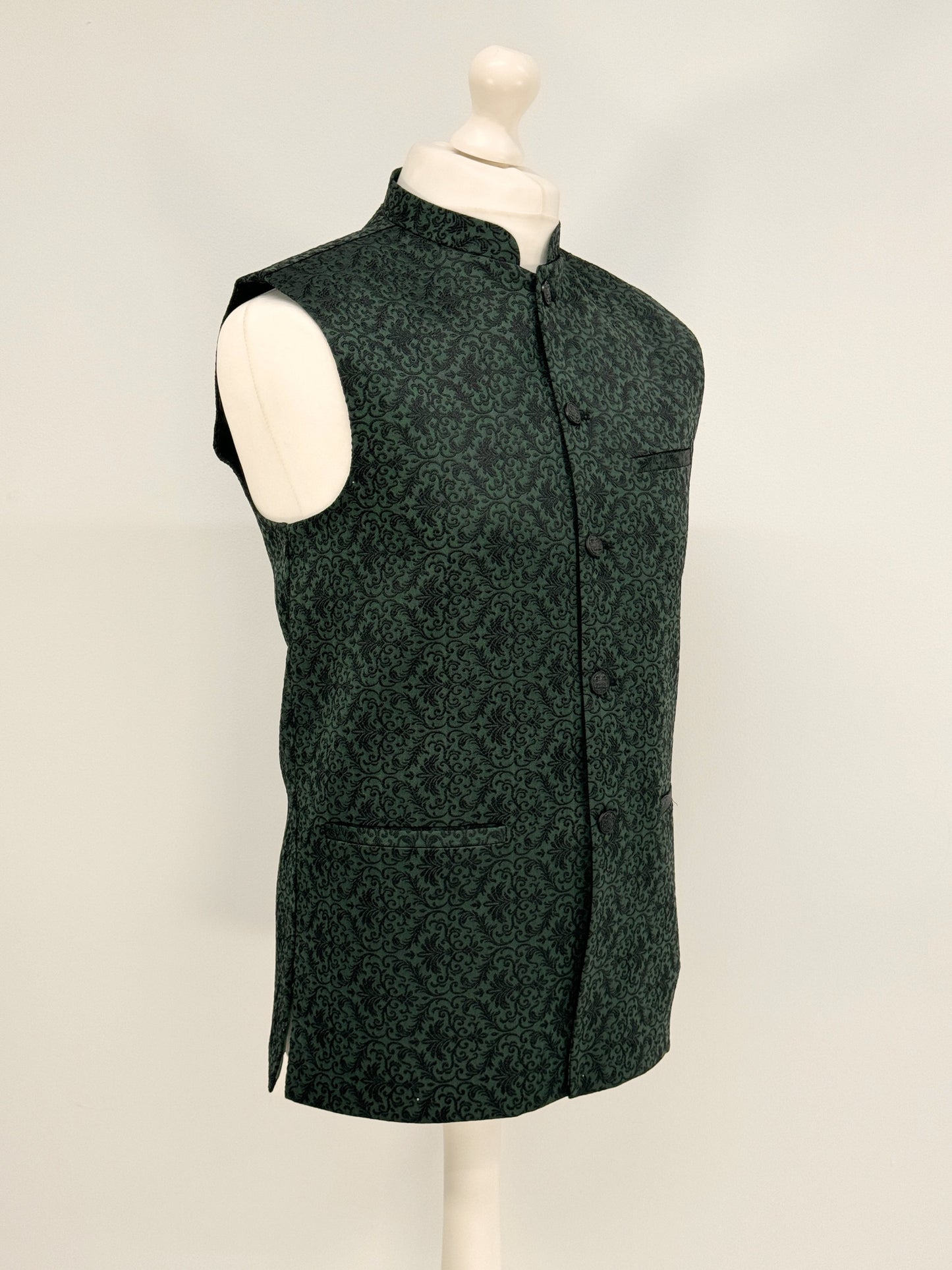 Men's Banarsi Green Black Waistcoat