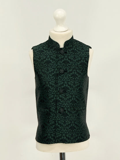 Boys Banarsi Green Black Waistcoat