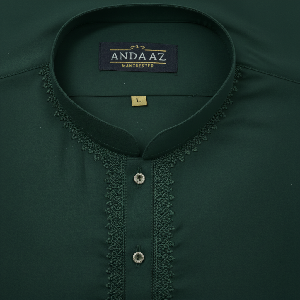 Forest green kurta collar close-up - matching front view