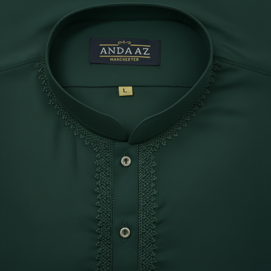 Forest green kurta collar close-up - matching front view