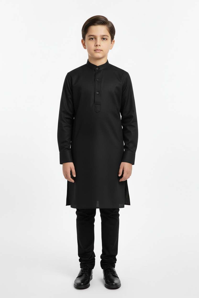 Front view boys black kameez with trousers