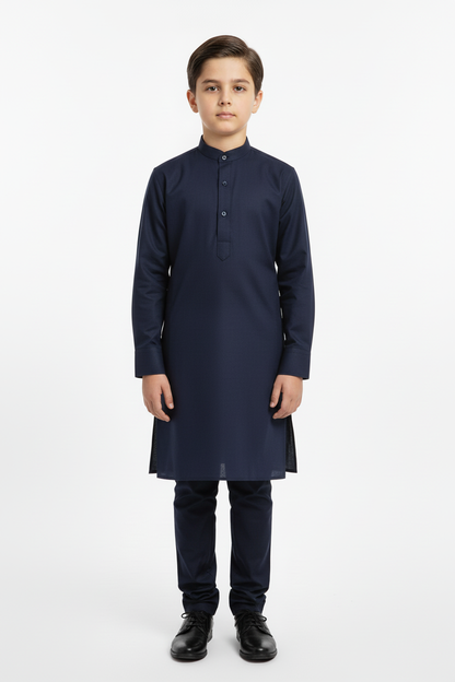 Front view boys navy kameez with trousers
