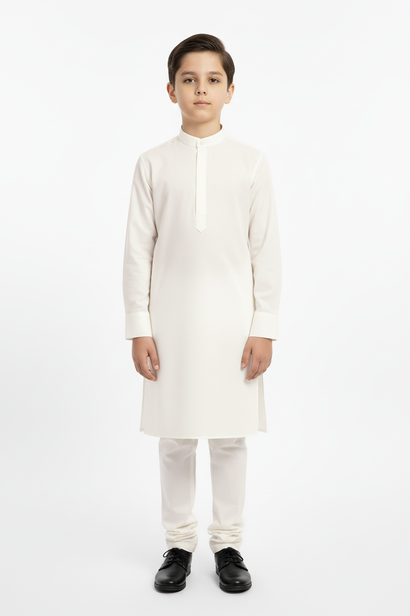 front view boys plain off white kameez