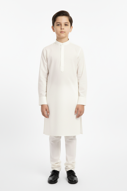 front view boys plain off white kameez